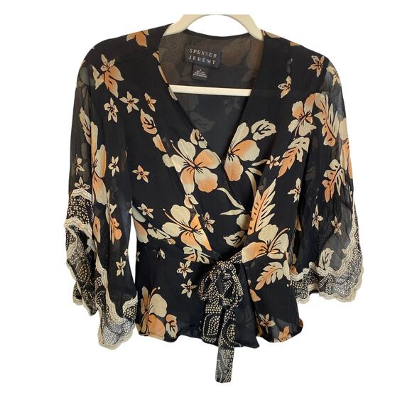 VINTAGE X SPENSER JEREMY Silk Lace Black Floral Hawaii Wrap Blouse Small - Picture 1 of 5